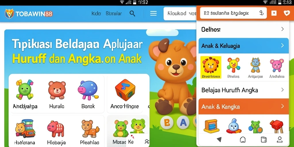 Antarmuka TOBAWIN88 yang menarik untuk belajar huruf dan angka.